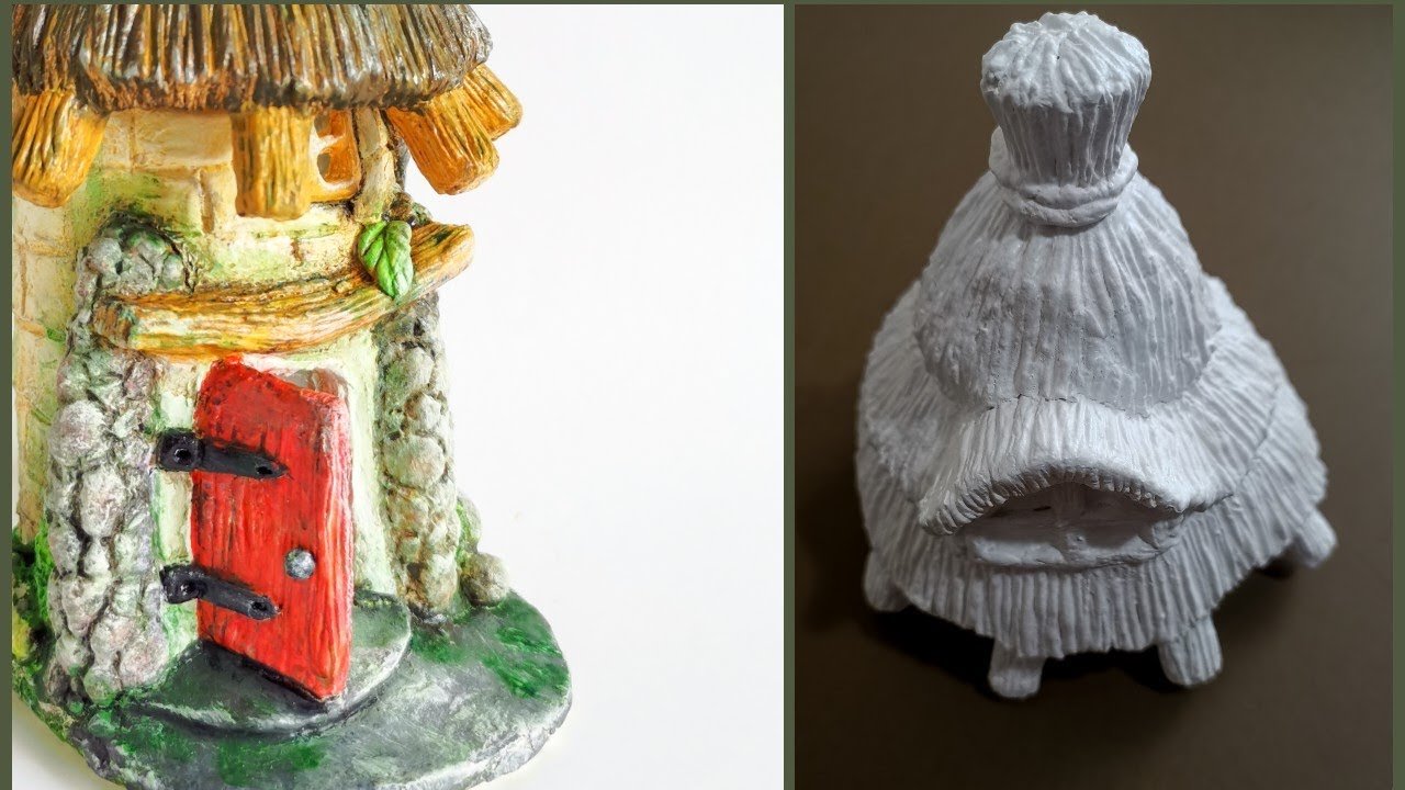 Easy Stone Fairy House Jar DIY With Thatched Roof, Air Dry Clay Craft Ideas
