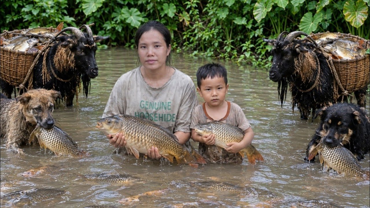 Full video of catch fish episodes: single mother. Catching fish from abandoned ponds with DogandGoat