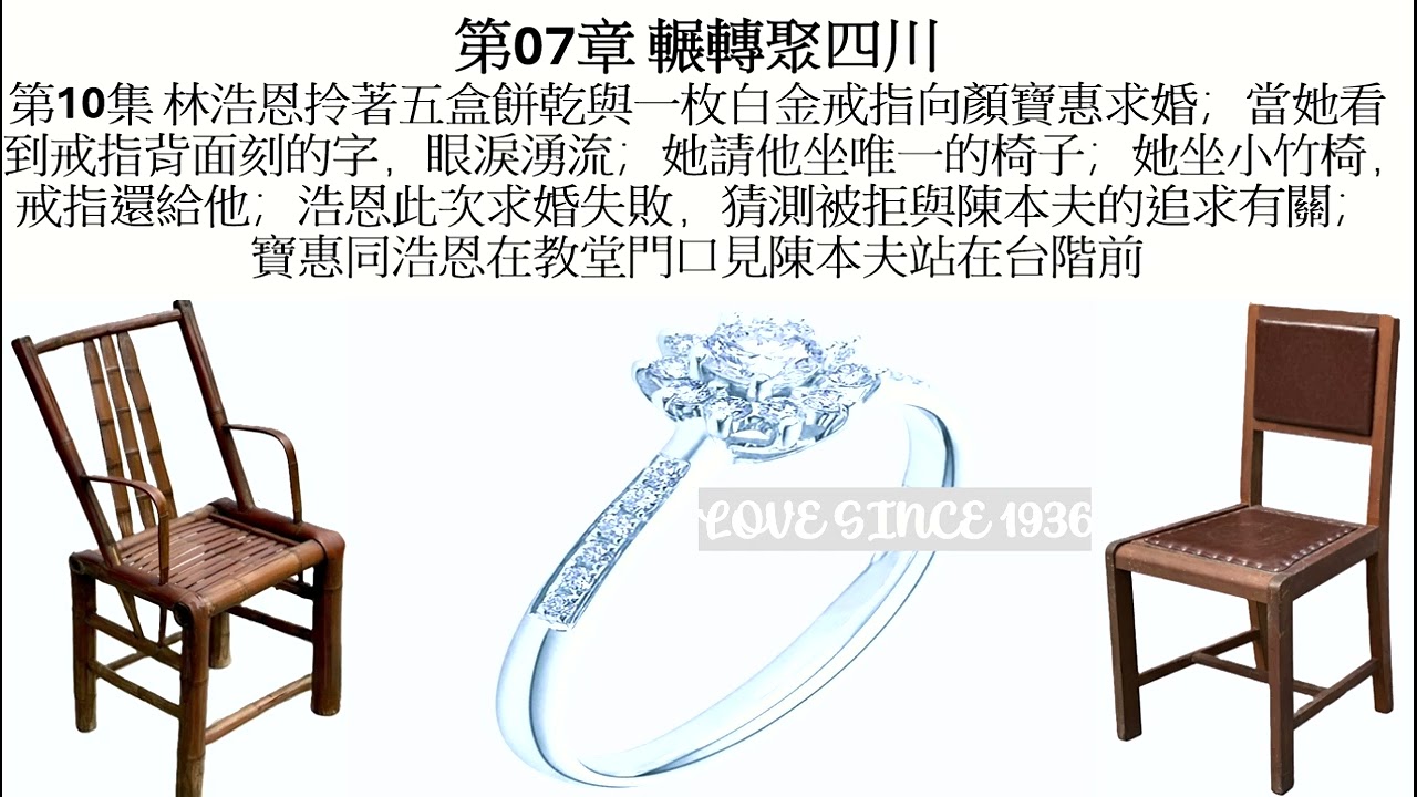 《苦楚至暂》I 第07章 辗转聚四川 I 第 10 集 林浩恩拎着五盒饼干与一枚白金戒指向颜宝惠求婚；当她看到戒指内刻的字，眼泪涌流，把戒指还他；林浩恩求婚失败，猜自己被拒与陈本夫追求颜宝惠有关