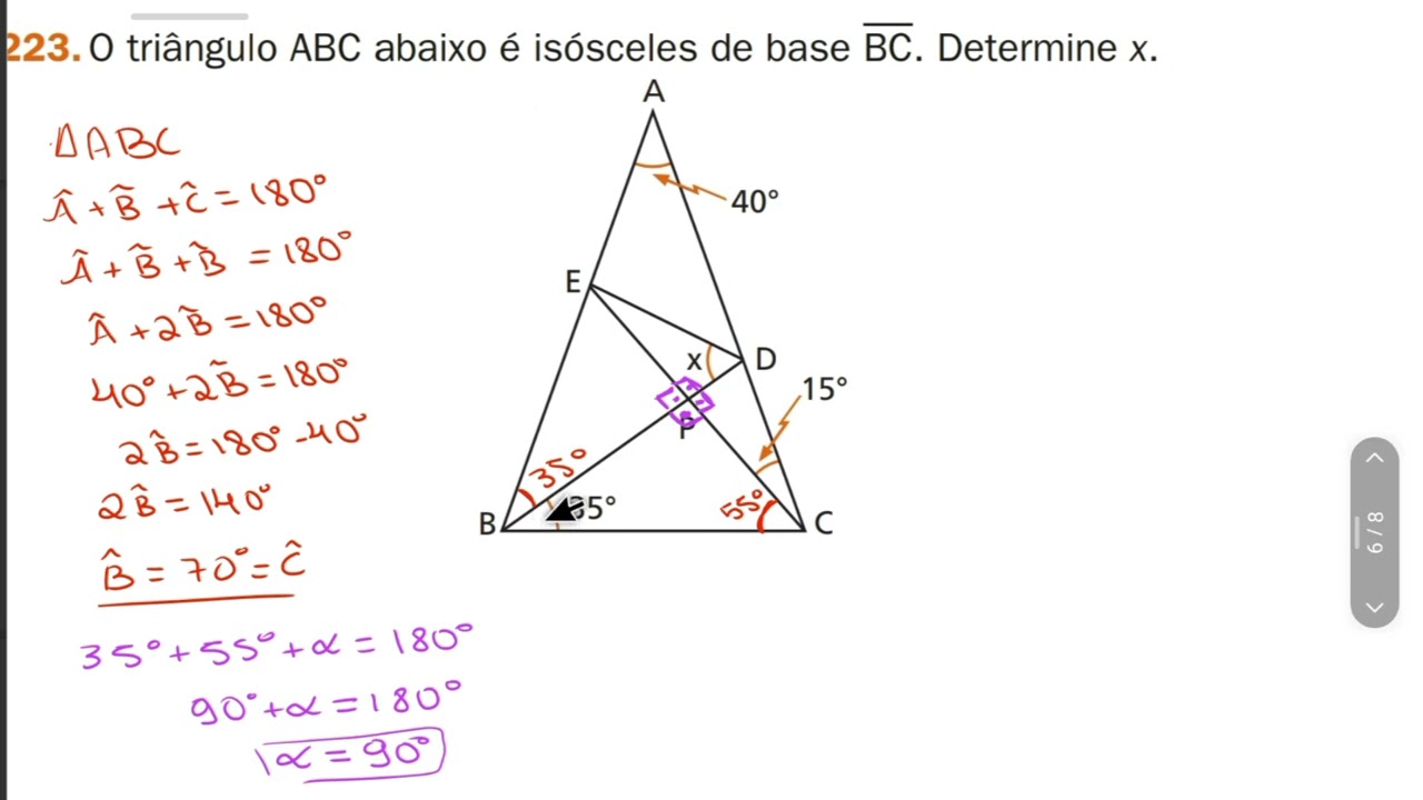 223-O triângulo ABC abaixo é isósceles de base BC. Determine x.