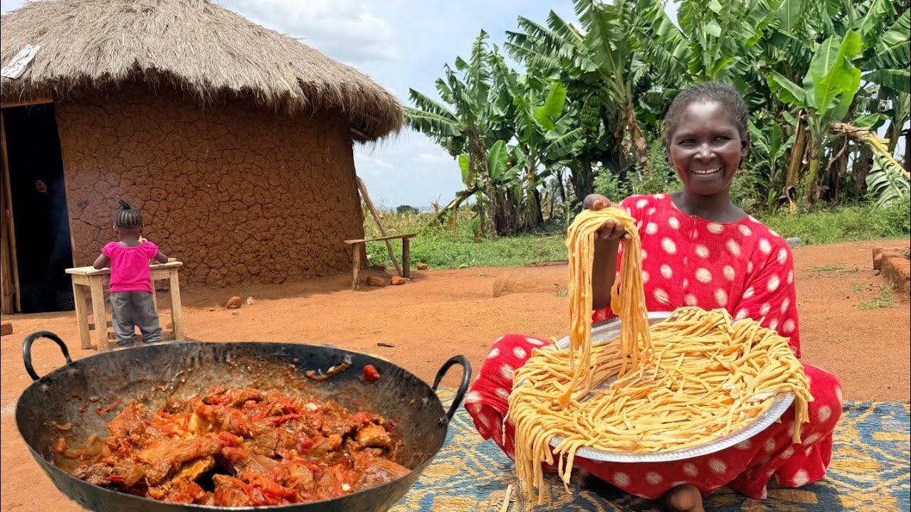 Real African Village Life: Handmade Pasta & Rich Wet Fried Beef for the Family
