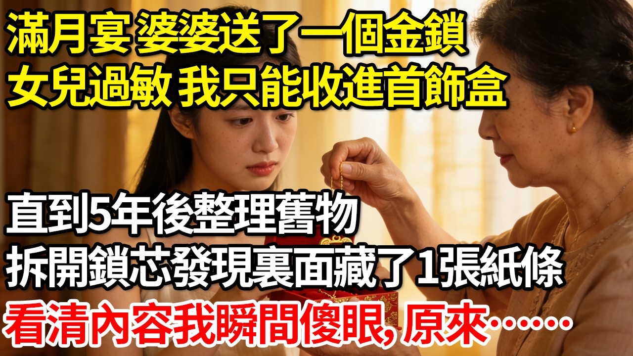 滿月宴 婆婆送了一個金鎖，女兒過敏 我只能收進首飾盒。直到五年後整理舊物，拆開發現鎖芯裏藏了1紙條，看清內容我瞬間傻眼，原來……#情感 #人生感悟 #情感故事 #為人處世 #故事 #葵寶說書鋪
