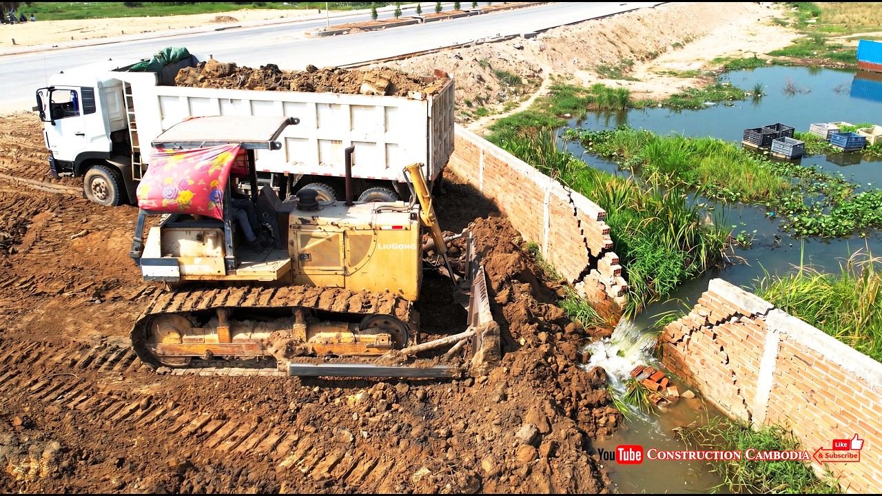 Heavy Equipment at Work Landfill! Huge Dump Trucks Dumping Dirt with Skilled Bulldozer Pushing Dirt