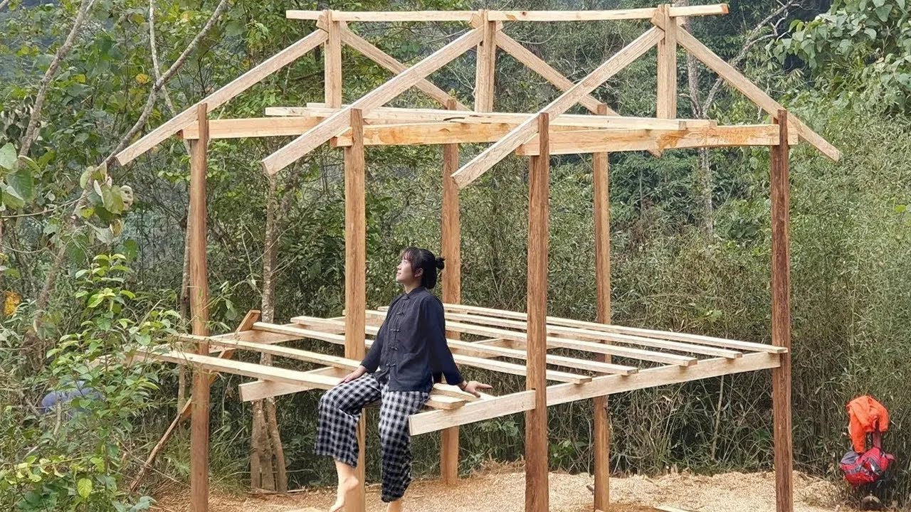 Building a Wooden House Frame Alone in the Deep Forest | Solo Girl Bushcraft Life