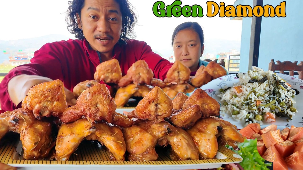 Chicken diamond, Chicken Oyster, Palak rice, Kiwi Pumpkin salad | Organic Mukbang