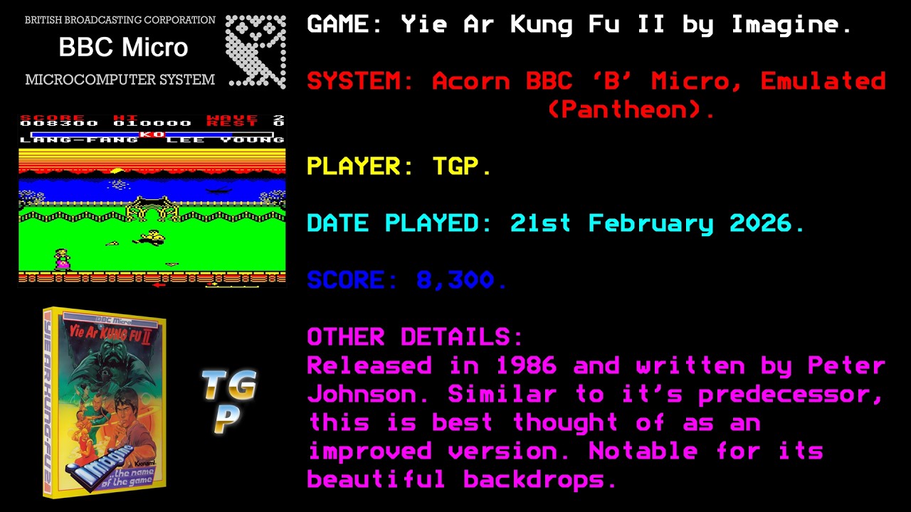 Yie Ar Kung-Fu II- Imagine - BBC Micro (emulated, Pantheon) - 8,300 points.