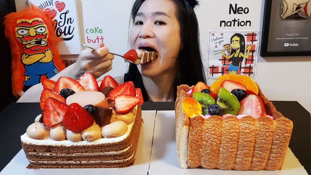 EATING 2 WHOLE CAKES!! Chocolate Cake & Strawberry Charlotte Fruit Cake - Dessert Mukbang w/ Asmr