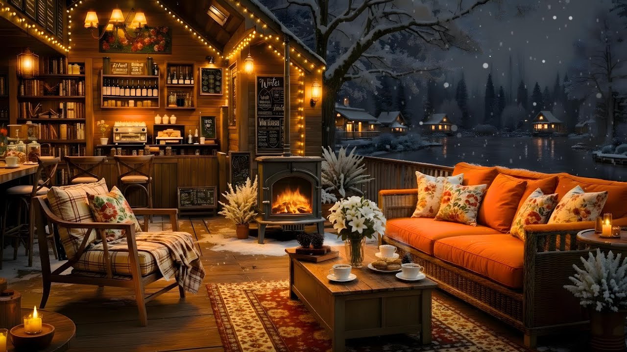 Winter Ambience Cozy Coffee Shop  by the Lake ❄️ Smooth Jazz & warm Fireplace For Study, Relaxing