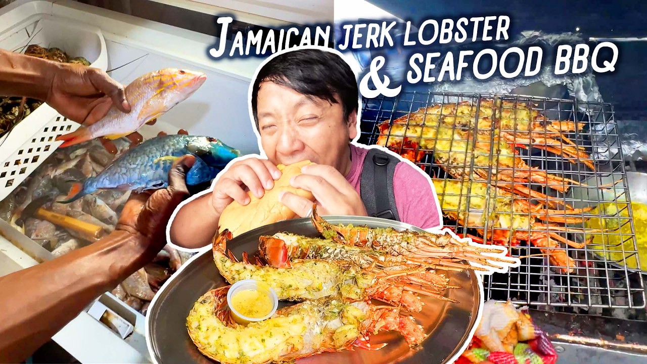Jamaican JERK LOBSTER & Fish BBQ + Trying Traditional Jamaican STREET FOOD in Montego Bay Jamaica