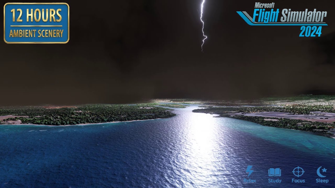 ⛈️ 12 ЧАСОВ MSFS 2024 ГОНОЛУЛУ: Молния, Ливень & Волны Океана для Сна 🌊