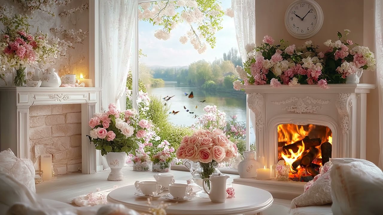 4K Living Room with Fireplace & Blooming Nature 🌸🔥Peaceful Ambience for Sleep, Study & Relaxation