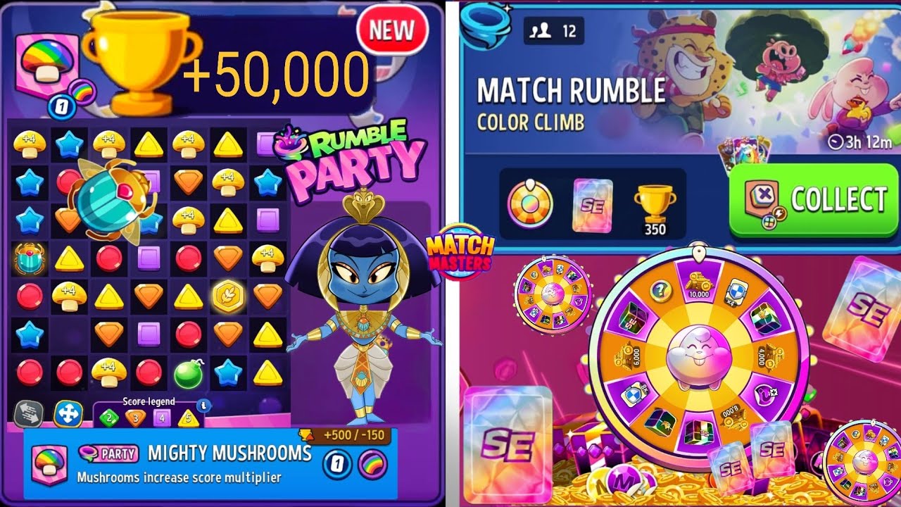 +50,000 Trophy🏆10 Games(Rumble Praty)Mighty Mushrooms Rainbow🌈/ 3 Super Spins(Match Rumble)