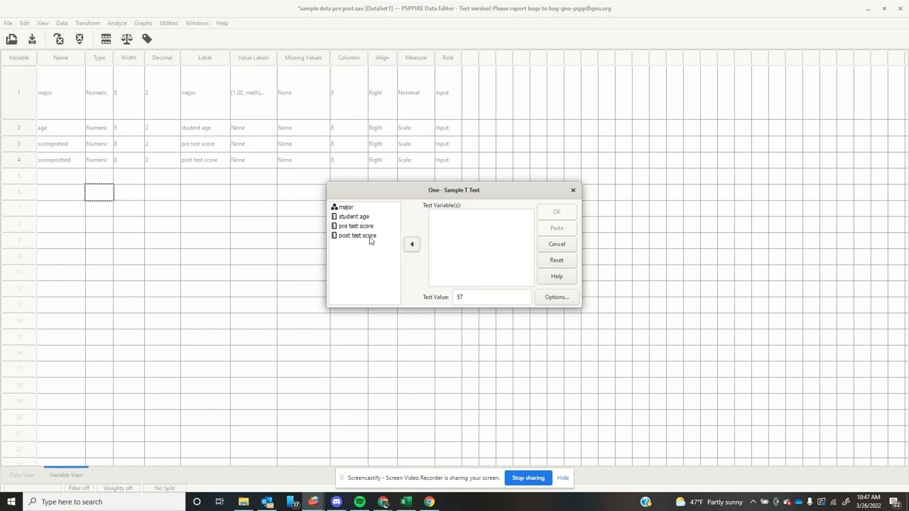 T-test for dependent means aka paired sample t-test in PSPP SPSS