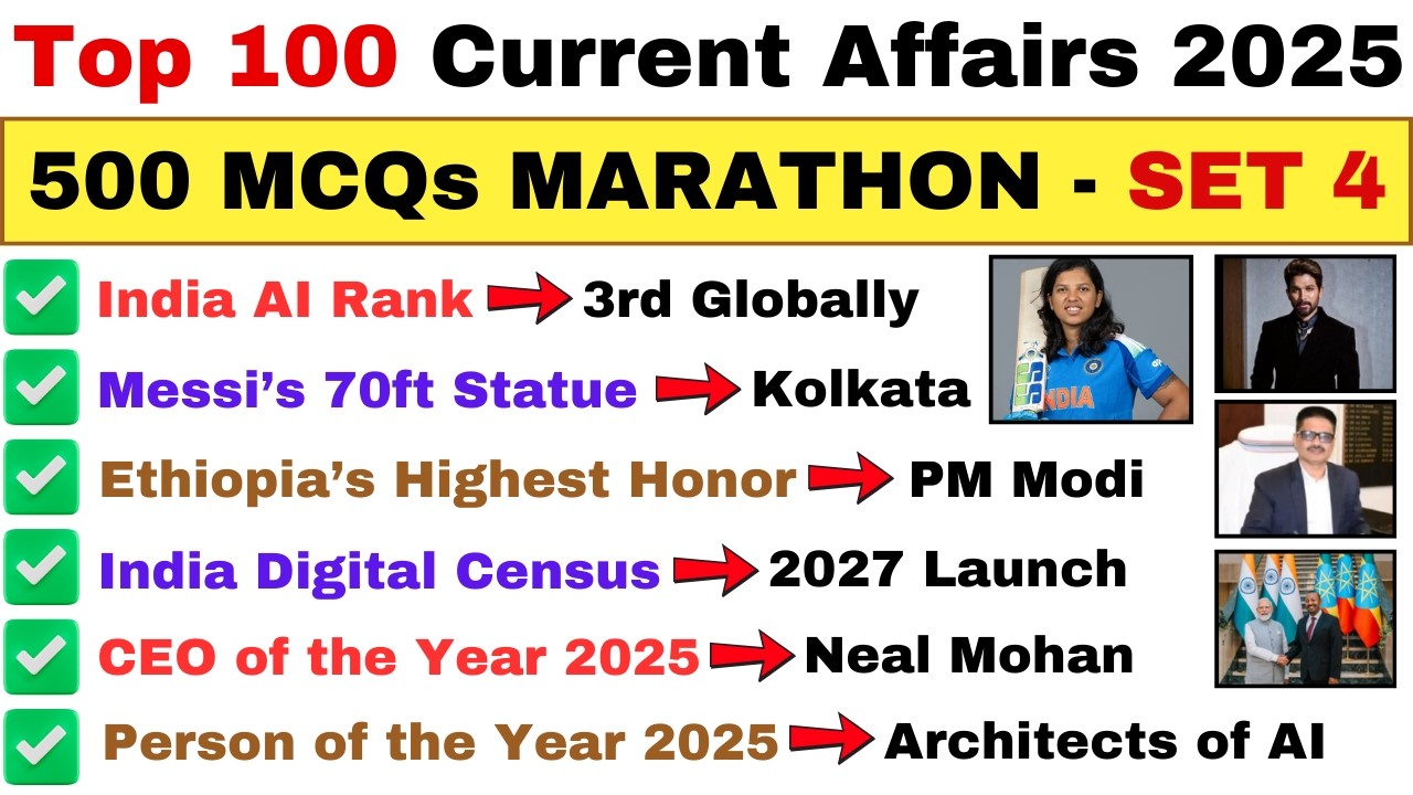 Top 100 Current Affairs 2025 | 500 MCQs Mega Marathon – Set 4