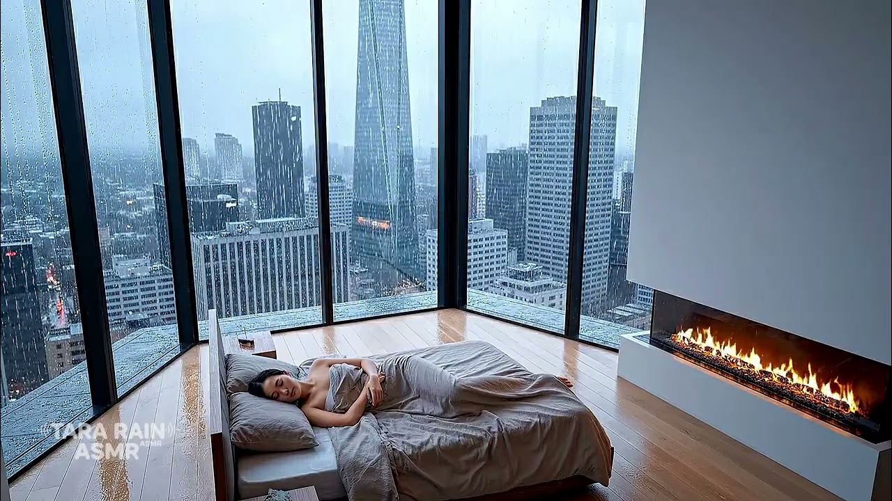 Rainy Night in Luxury High Rise Apartment 🌧️ Fireplace Ambience & City Skyline Views | Relaxing ASMR
