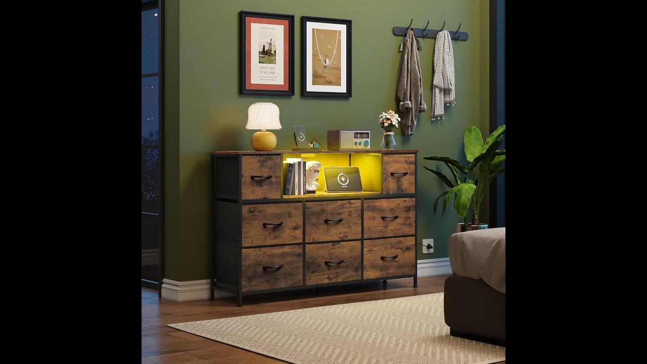 WLIVE Black Dresser for Bedroom, TV Stand for Bedroom for 55 inch TV with Charging Station