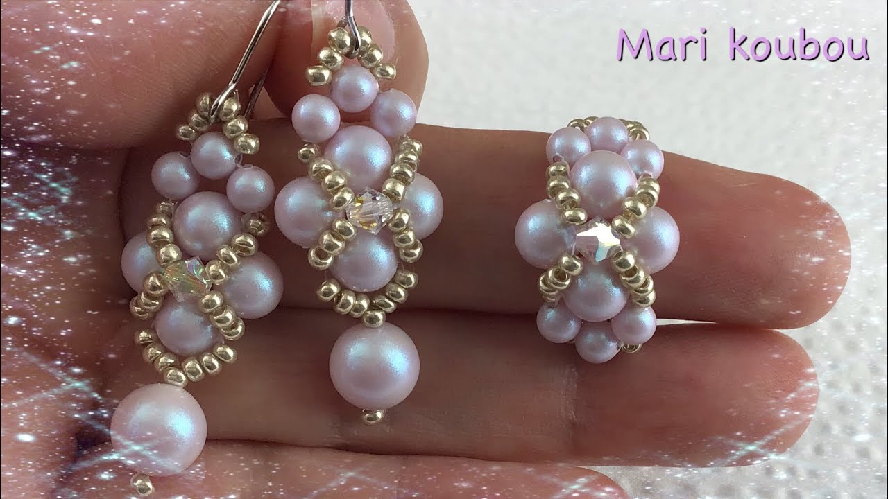 ①優しいカラーのパールで作ったピアスとリング/Earrings and ring made from feminine colored pearls