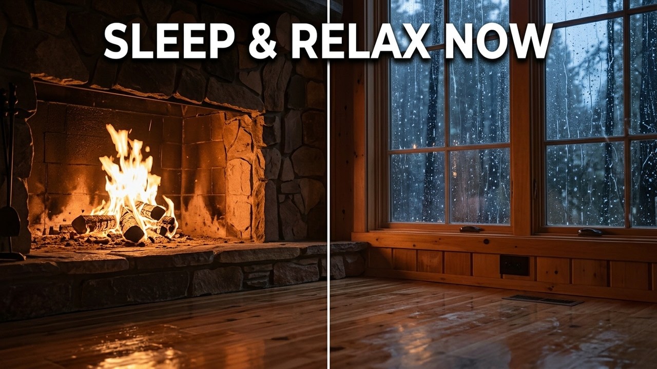 Crackling Fireplace and Heavy Rain on Window | Cozy Ambience for Restful Sleep