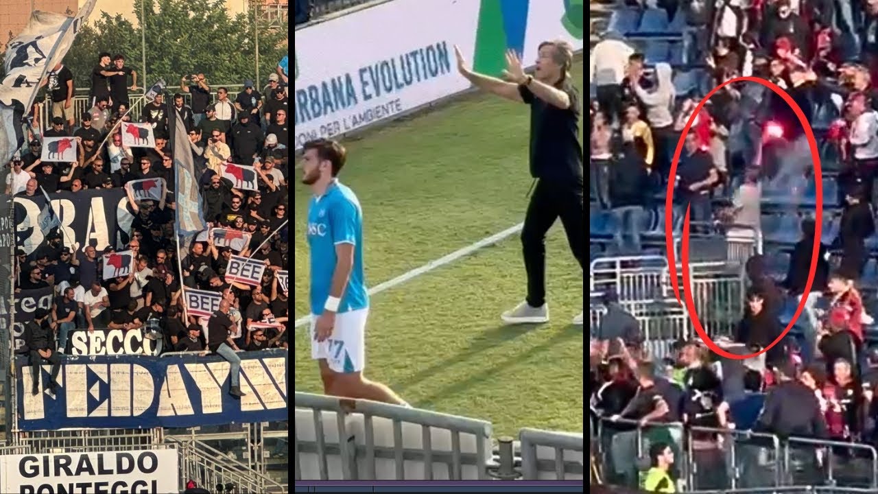 CAGLIARI NAPOLI SOSPESA 🚨 Lancio di fumogeni e petardi: Oriali e azzurri sotto la curva! ⚠️