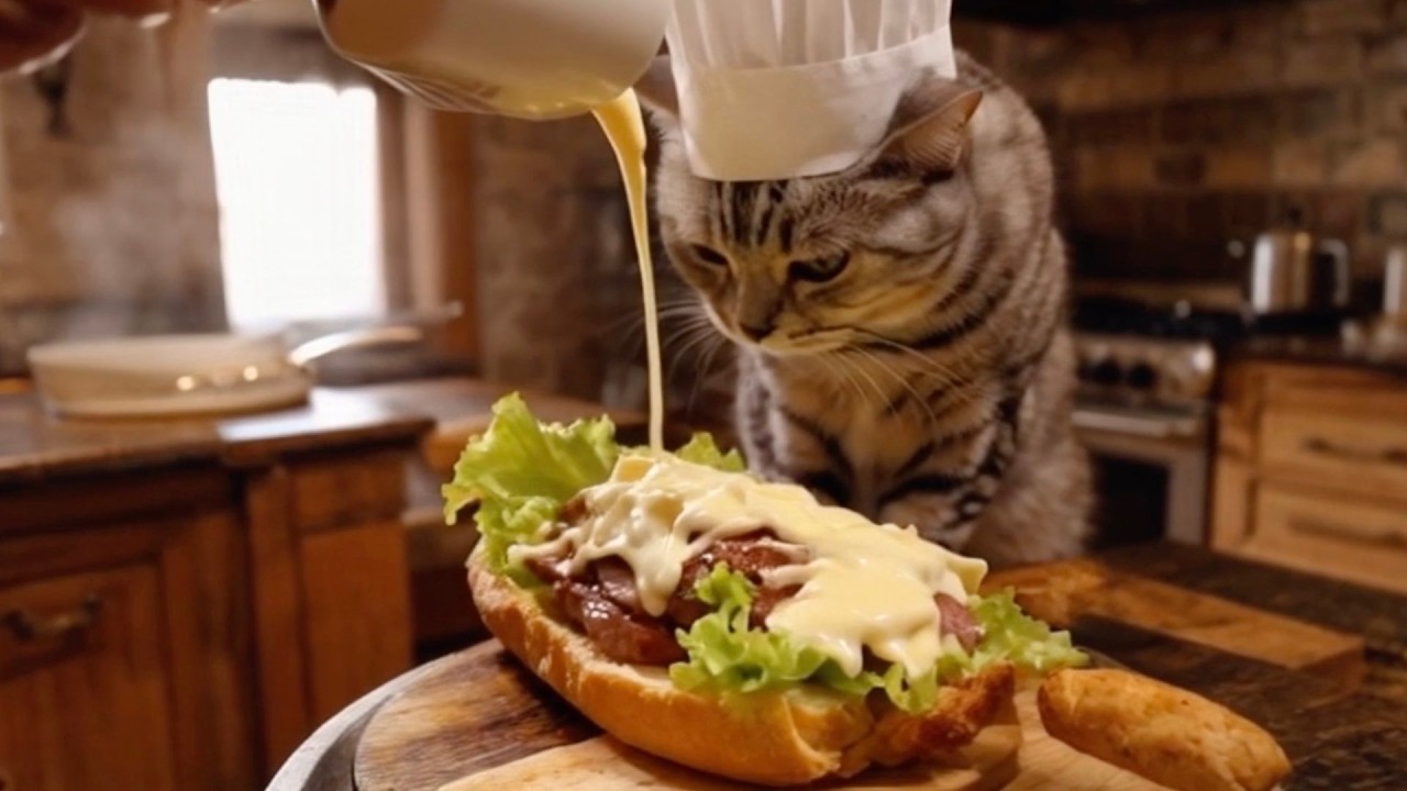 【Исцеляющий котёнок】Кот-повар готовит сэндвич со стейком и сыром. #сэндвич #сыр #стейк