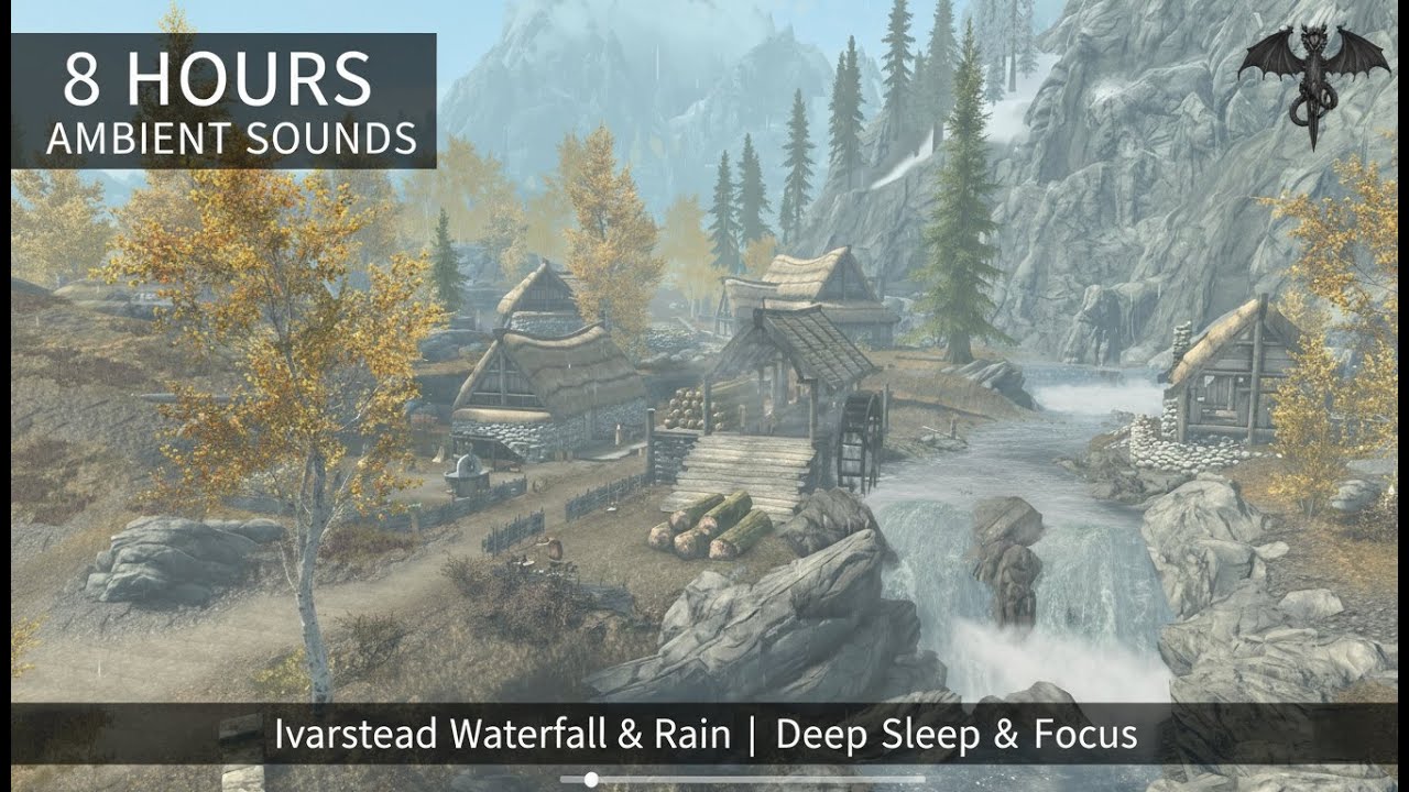 Skyrim 8 Hour Nature Ambience: Ivarstead Waterfall & Rain Sounds (Sleep/ASMR/Focus)