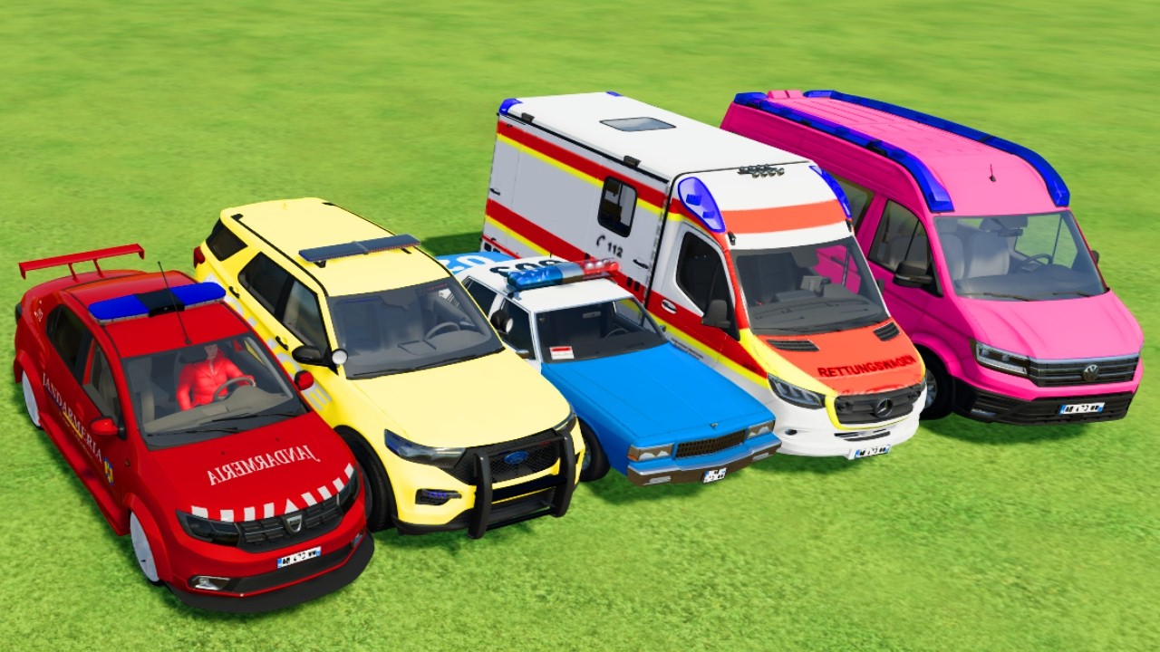 TRANSPORTING POLICE CARS, AMBULANCE, FIRE TRUCK, COLORFUL CARS WITH TRUCK -FARMING SIMULATOR 22!,