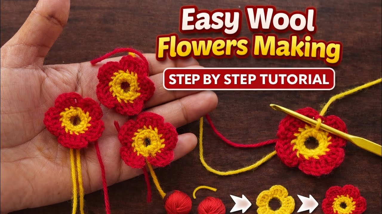 सोप्या 😍पद्धतीने लोकरीची फुले 🌺कशी बनवायची | Wool 🌸Flowers Making Step by Step | Easy 🪡Tutorial