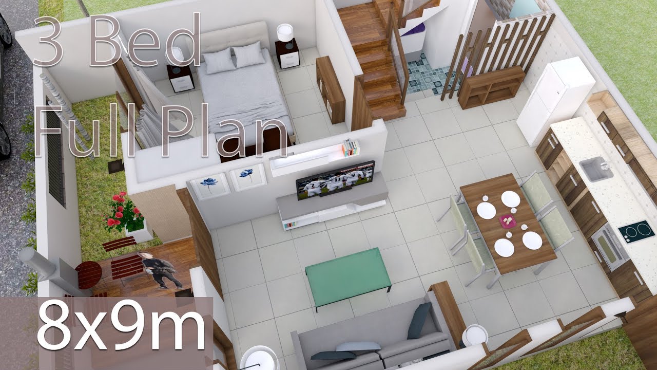 Interior Design Plan 8x9m Walk Through with Full Plan 3 Bedrooms