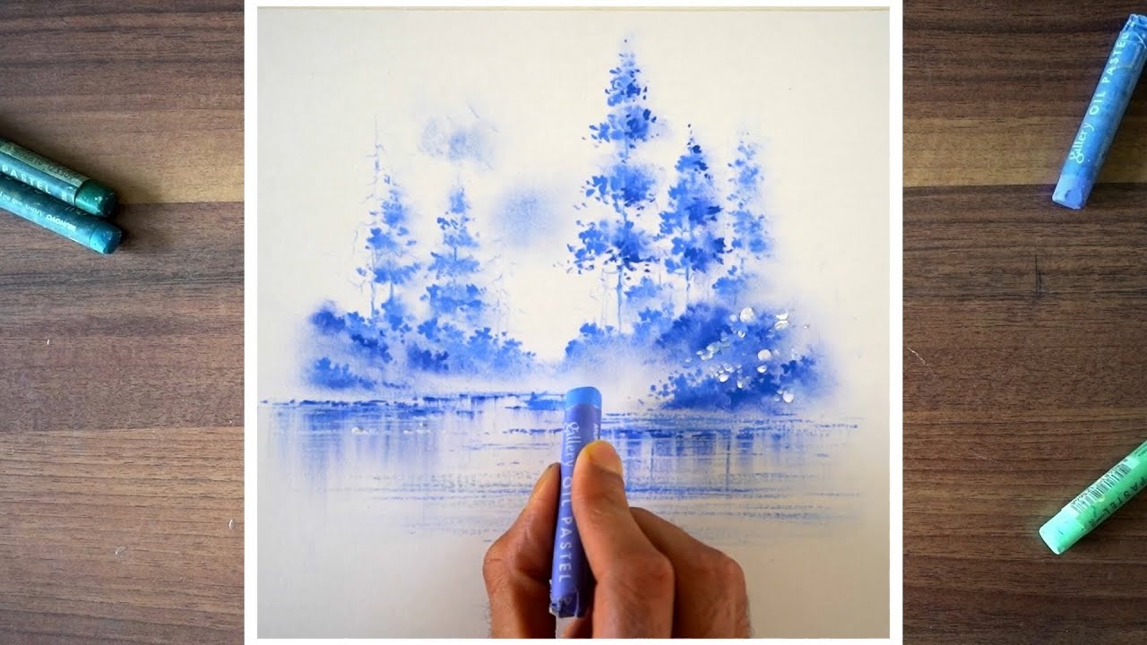 Very simple landscape drawing using only blue oil pastels