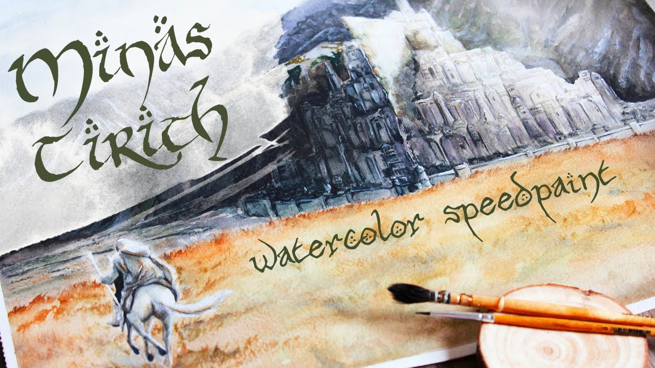 Minas Tirith, Gandalf, Shadowfax (LOTR) em Aquarela A3 | Watercolor | Gondor | O Senhor dos Anéis