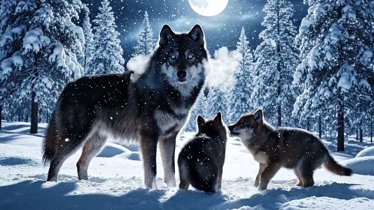 Majestic Wolf Family in Moonlit Winter Forest 🐺❄️