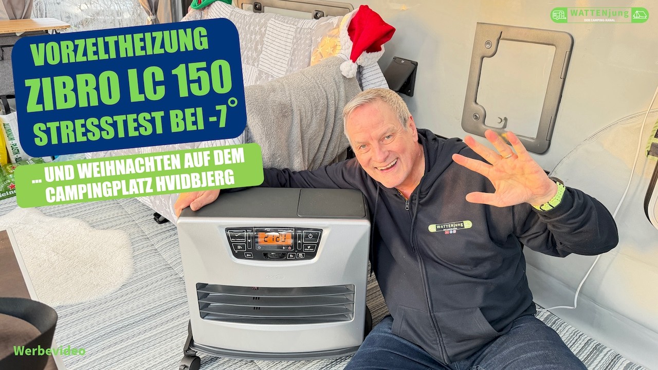 Test Vorzeltheizung Zibro LC 150 bei minus 7 Grad beim Wintercamping auf dem Campingplatz Hvidbjerg