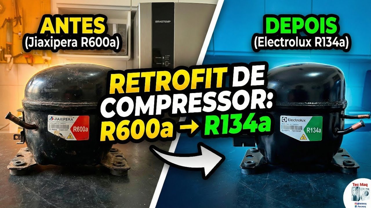 BRM54 com compressor Jiaxipera r600a queimado! Colocamos um electrolux para r134a, resolvido! 