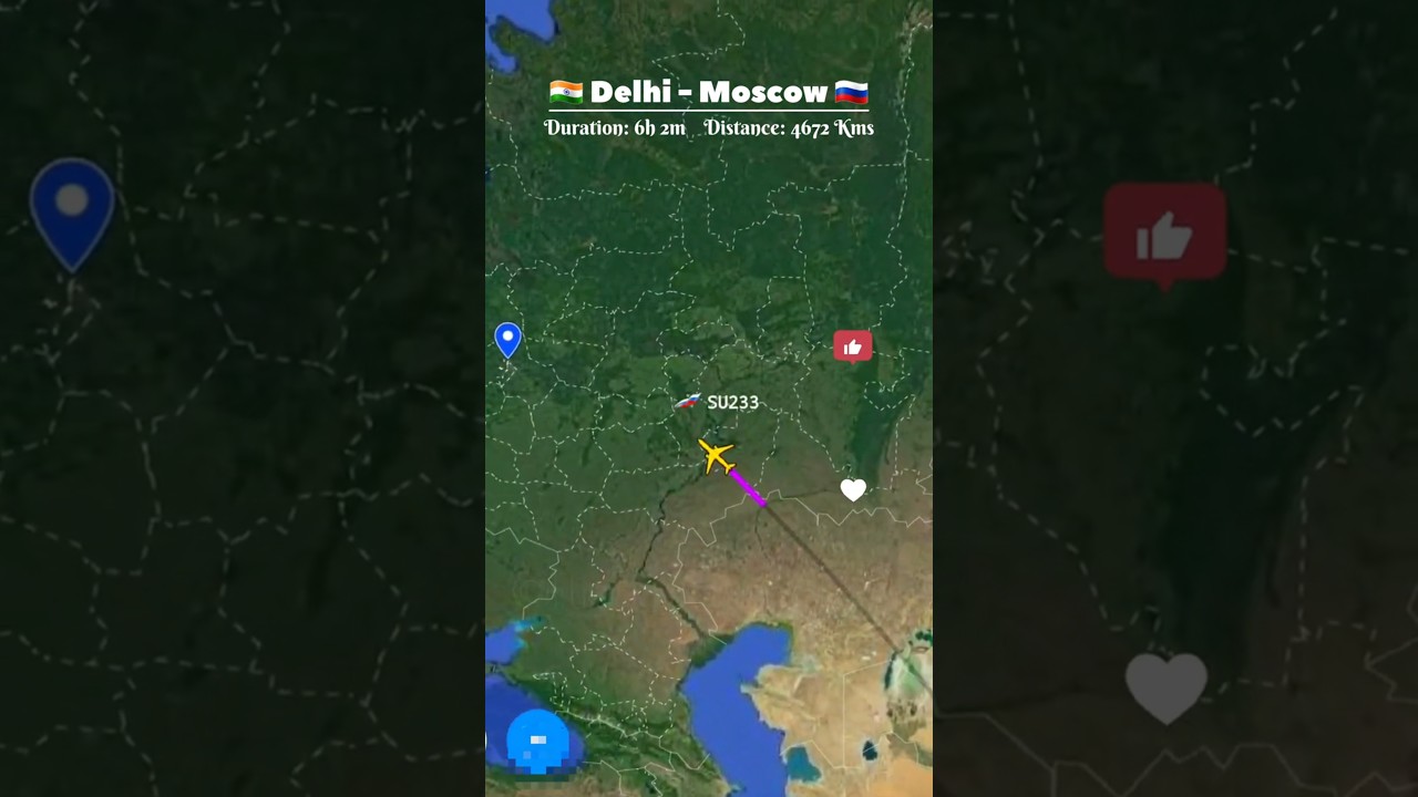 DELHI 🇮🇳 to MOSCOW 🇷🇺 Flight Route ✈️ Aeroflot SU233 #aviation #travel #flight #shorts #flightmap