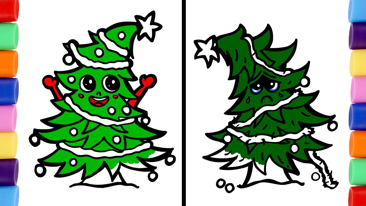 Dibuja y Colorea Paso a Paso un ÁRBOL de NAVIDAD Triste vs Feliz 🎄🌲