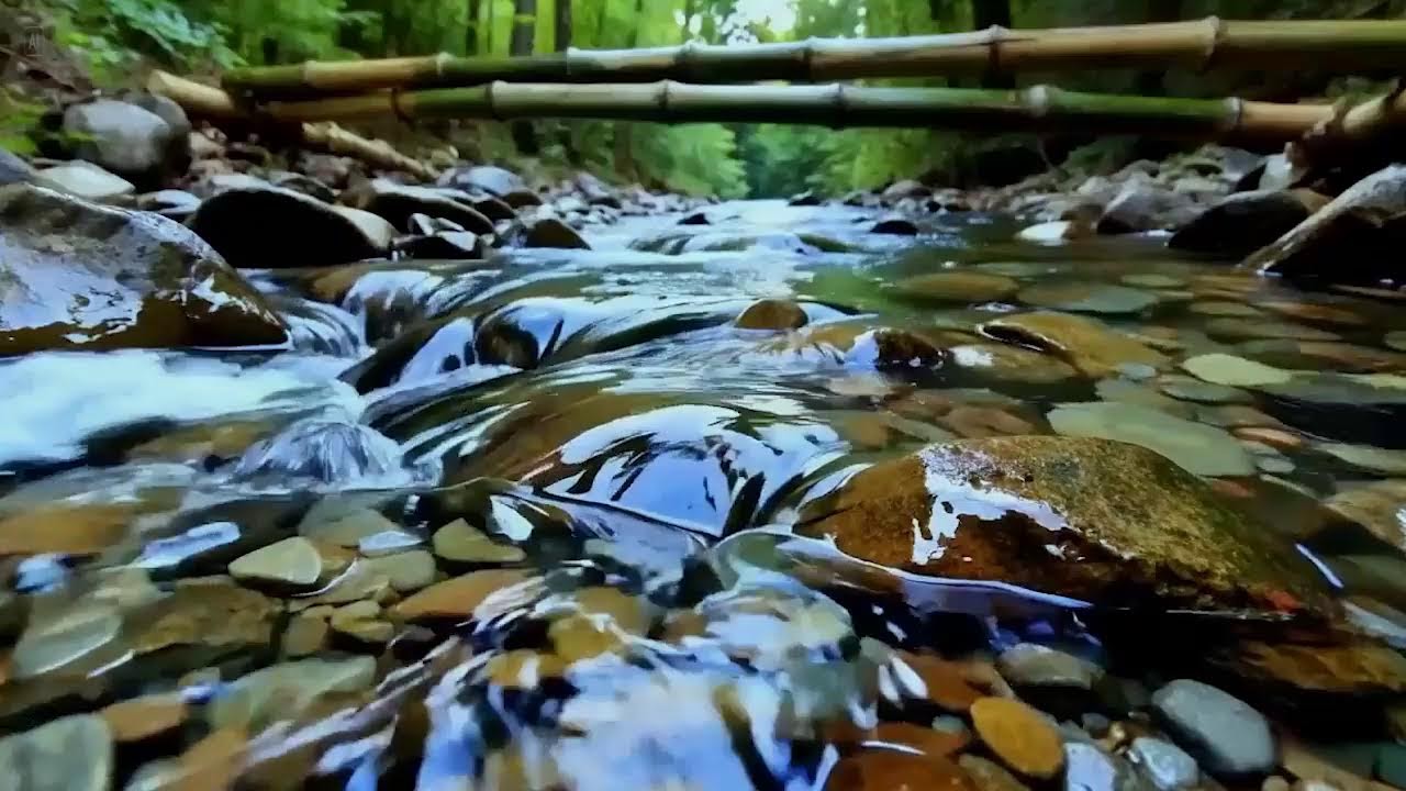 Moonlit Forest River + Bamboo Bridge 🌙🎋💧 12 Hours Waterfall Sounds for Sleep