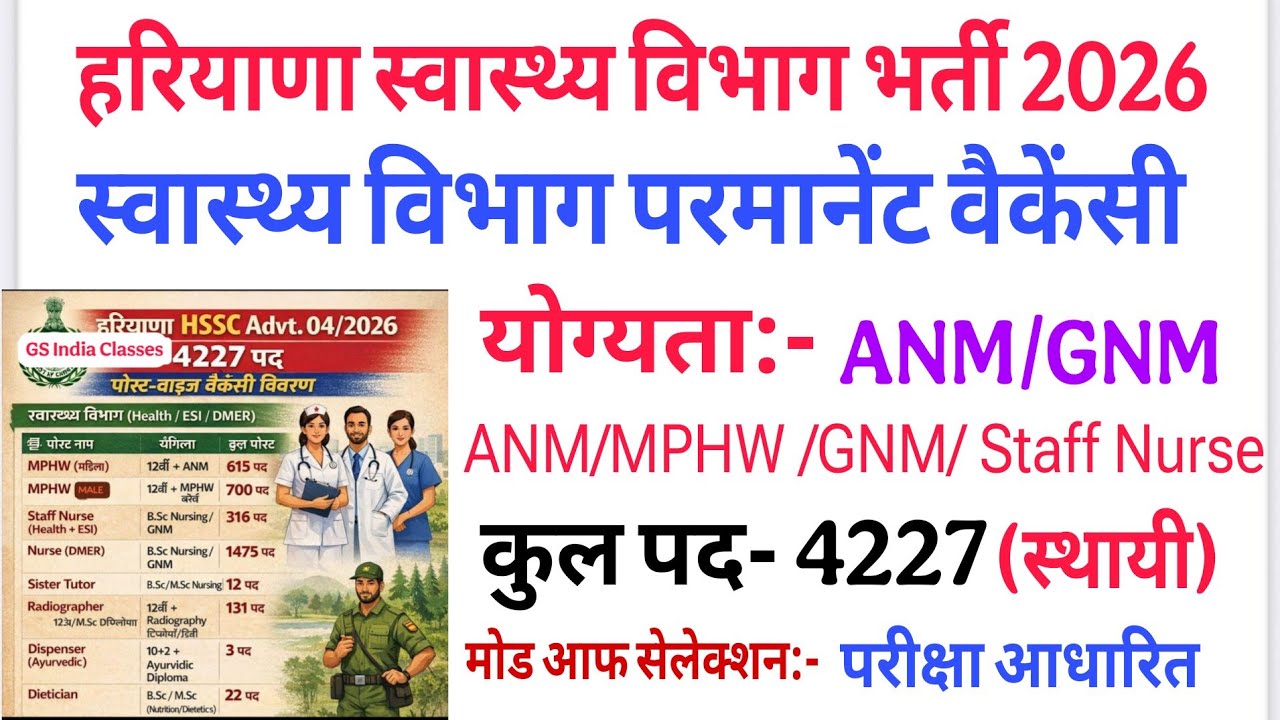 Haryana Health Department ANM, MPHW, GNM, Staff Nurse, Sister Tutor Permanent Vacancy Total -4227 पद
