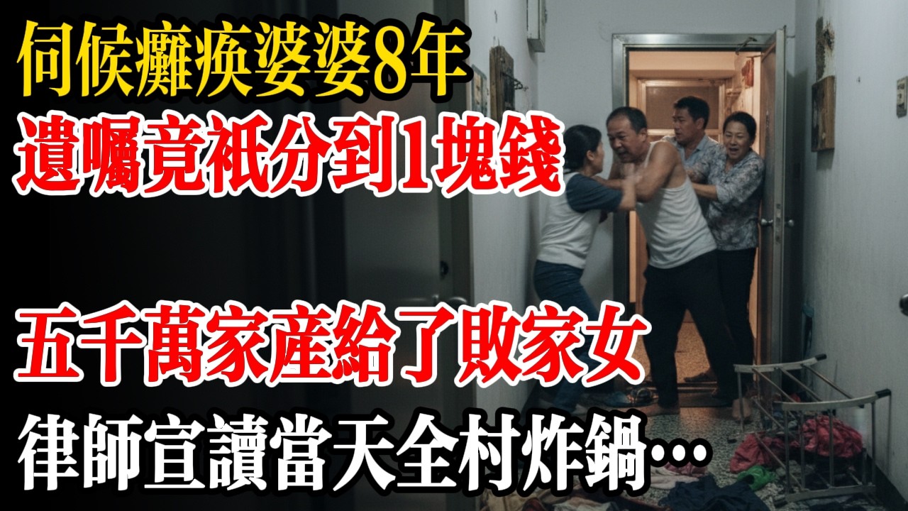 伺候癱瘓婆婆 8 年，遺囑竟只分到「1 塊錢」！5 千萬家產全給當年私奔的「敗家女」，律師宣讀當天全村炸鍋！