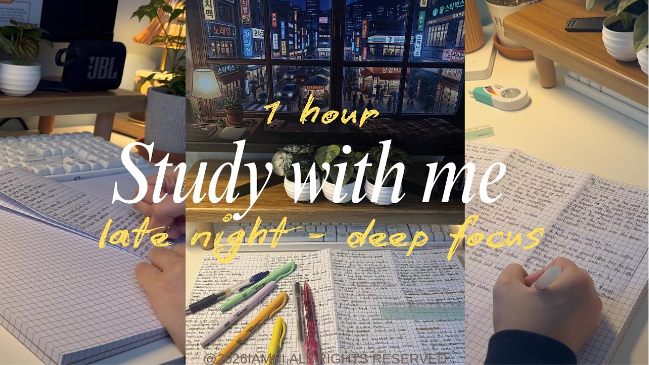 1-HOUR STUDY WITH ME I Late Night Study 🌙 I Piano Music 🎹 I No Break With Alarm ⏰