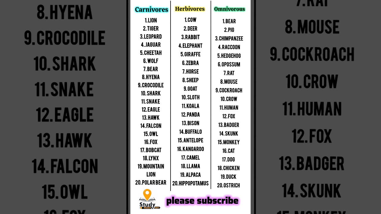 20 Carnivores, Herbivores and Omnivores animals name || #animals #education #shorts #viral #ytshorts