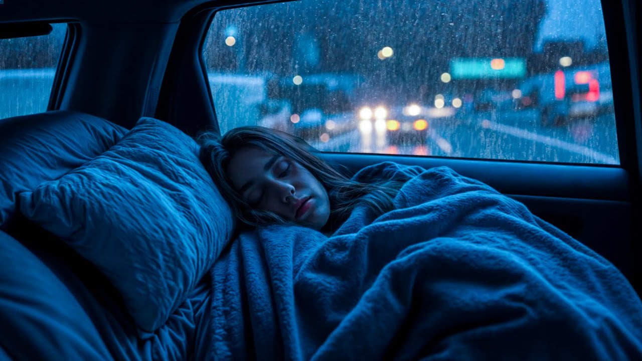 Beat Anxiety & Insomnia with Cold Heavy Rain on Car Window & Echoing Thunder in Midnight