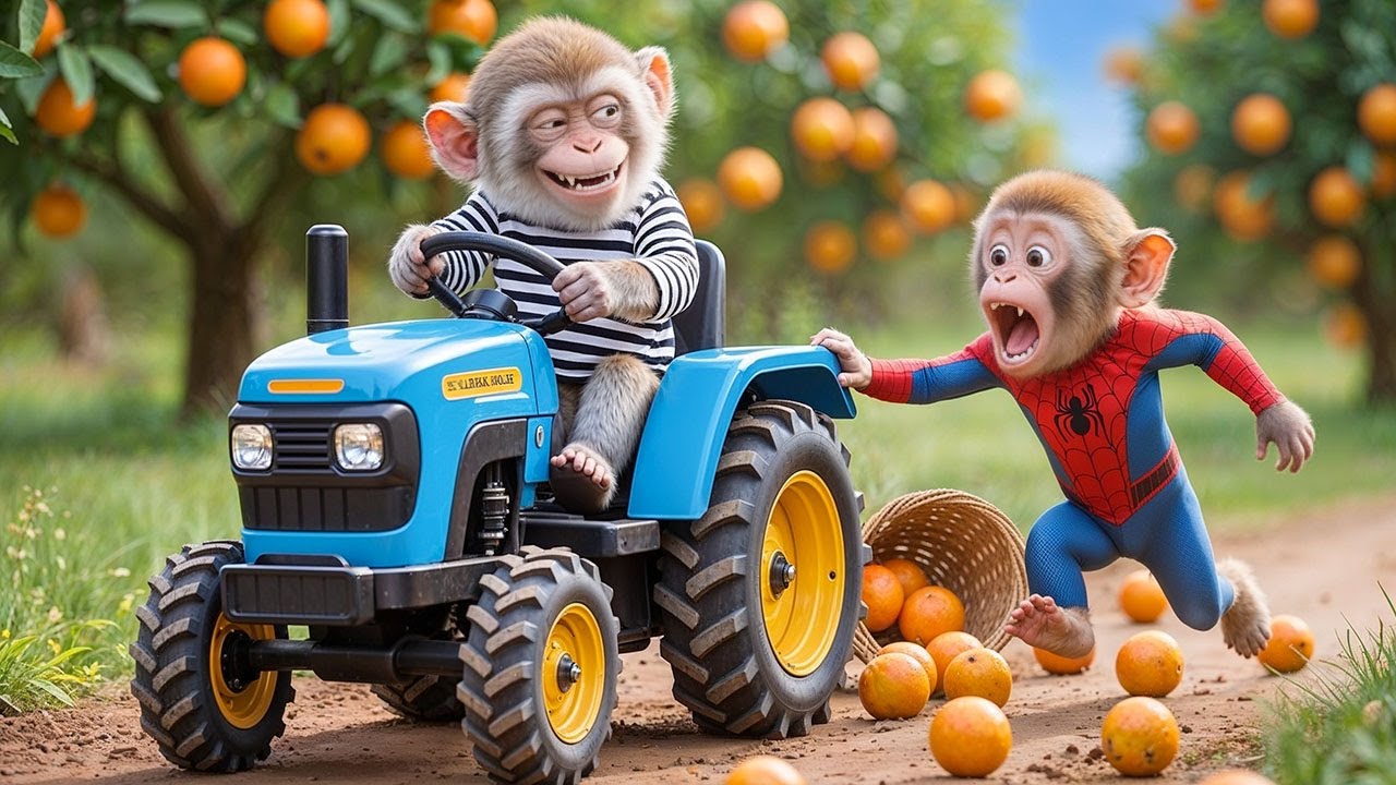 Monkey Min Drives Tractor to Harvest Oranges and Catch a Sneaky Thief on the Farm!! 🍊🐒🚜