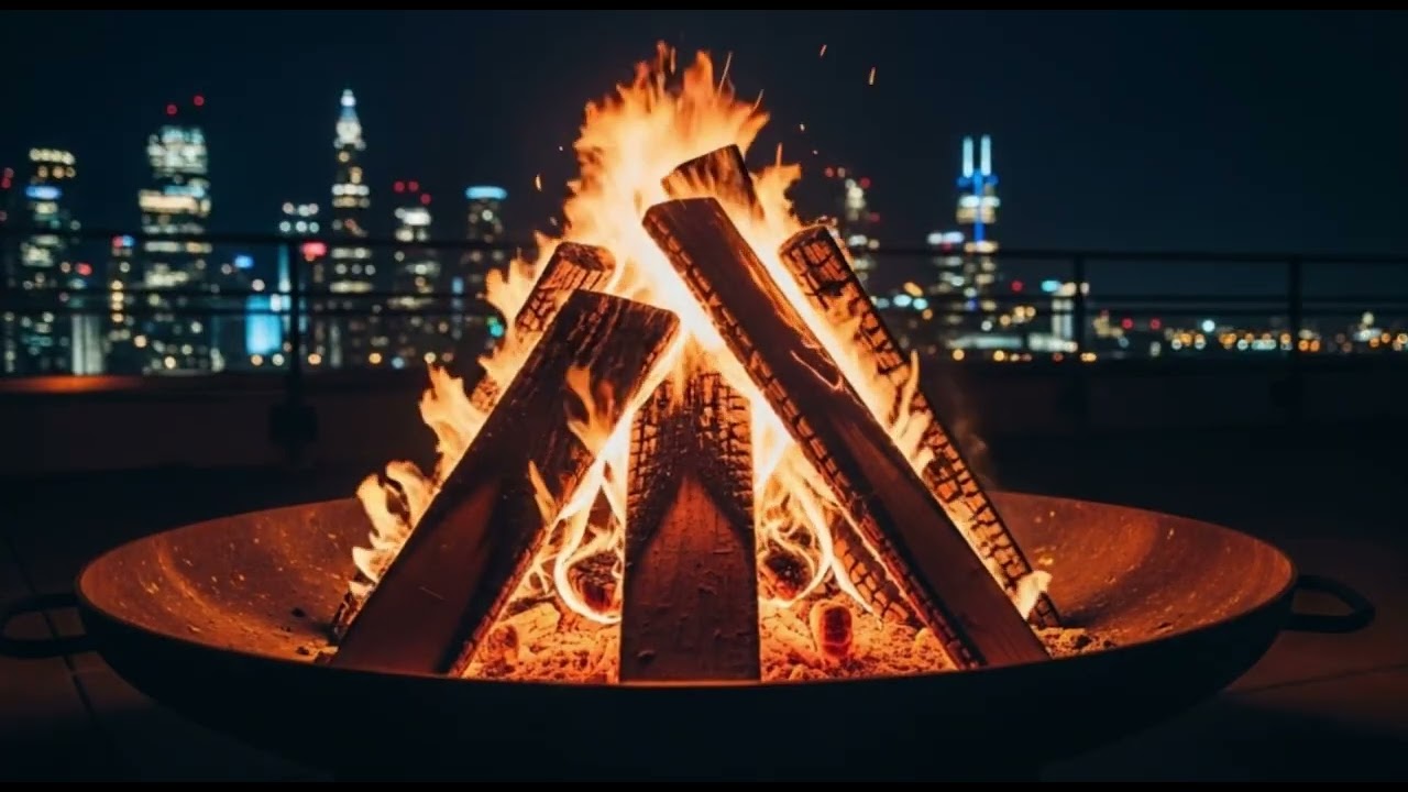 Rooftop Bonfire Over the City 🔥 Night Fire Sounds (1 Hour, No Music)
