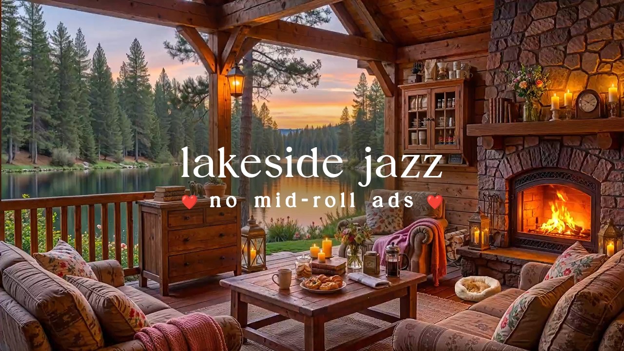 🌸 Spring Lake Jazz (NO MID-ROLL ADS) – Peaceful Fireplace Ambience for Study & Relaxation