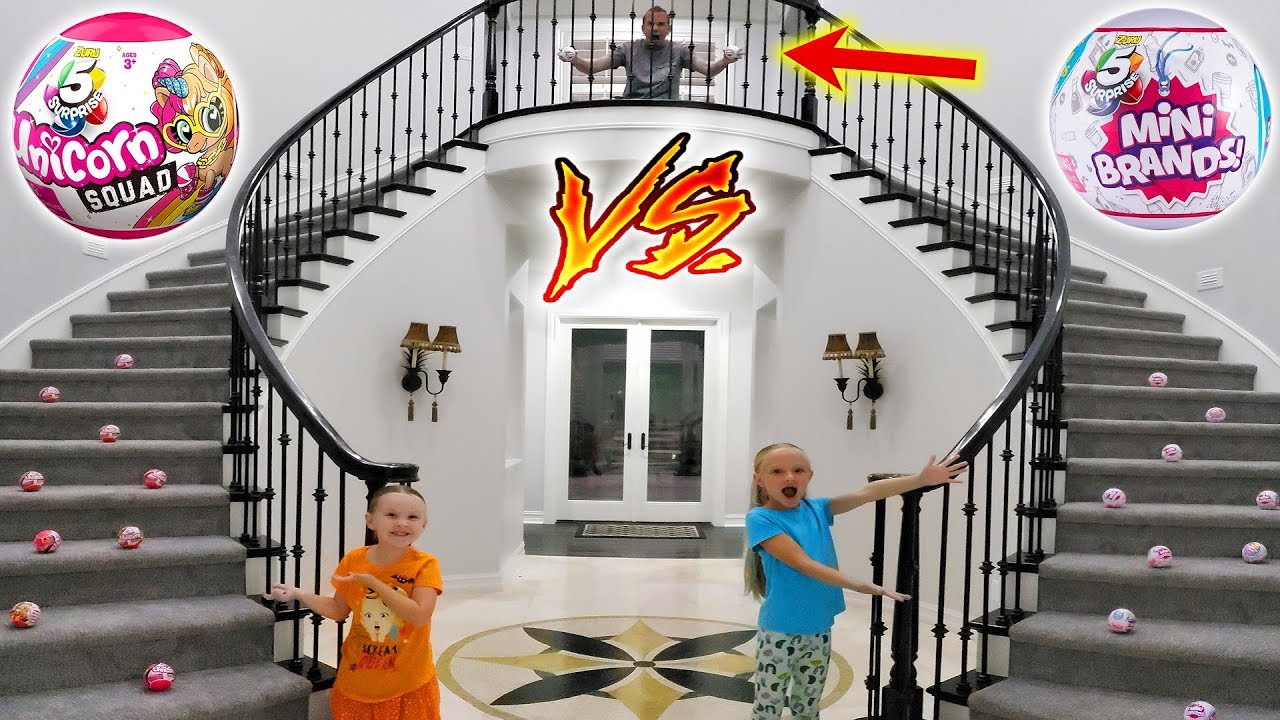 Stairs Pick Our Toys! 5 Surprise Unicorn Squad vs Mini Brands!