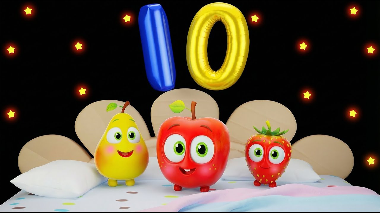 10 Frutas Saltando y Rodando Diez en la Cama Canción Infantil | Funky Frutas Estimulación Sensorial