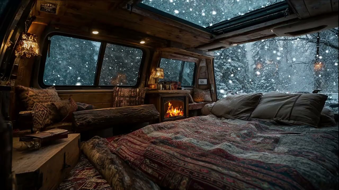Powerful Wind and Snow on Van Roof | Calm Cozy Night Sounds for Sleeping 8 Hours
