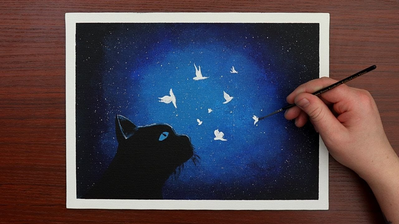 Cat & Night Sky / Easy Acrylic Painting for Beginners / Step by Step #54