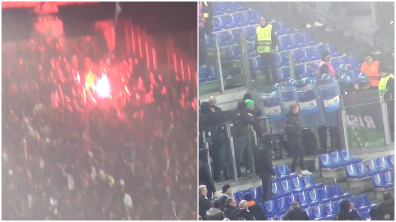 Tensione tra tifosi della Roma e dell'Eintracht: lancio di razzi, polizia nello Stadio Olimpico