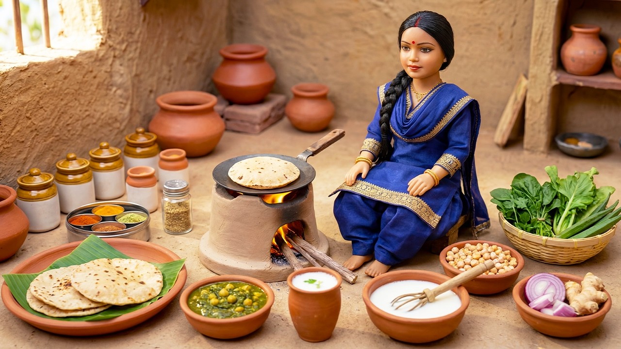 Miniature Doll Celebrates National Day with Chana Saag&Lassi |Indian Village Tiny Kitchen ASMR Story